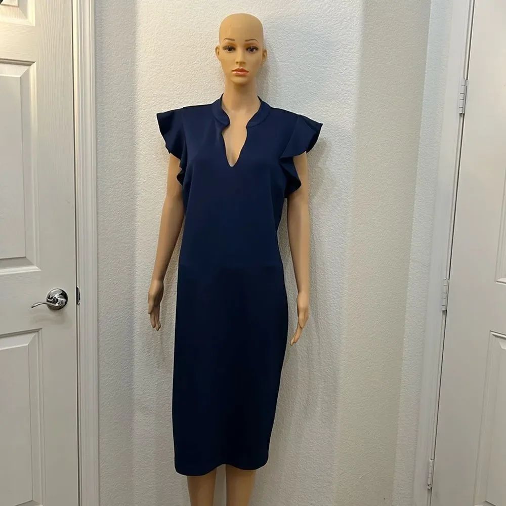 New York & Company Dress Large V Neck Flutter Sleeve Midi Navy Blue Zipper Back